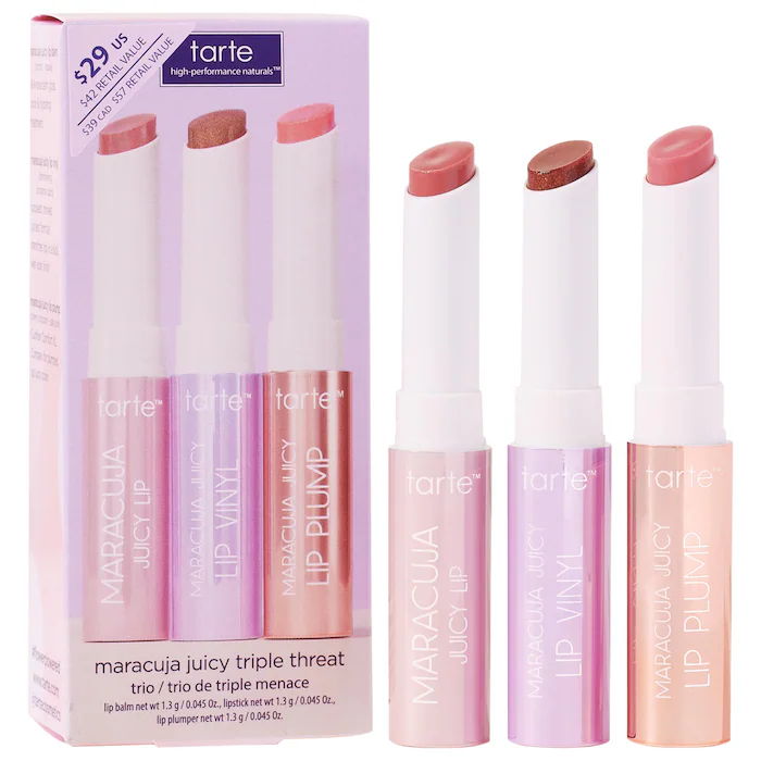 tarte  mini maracuja juicy lip plump gloss & balm triple threat trio