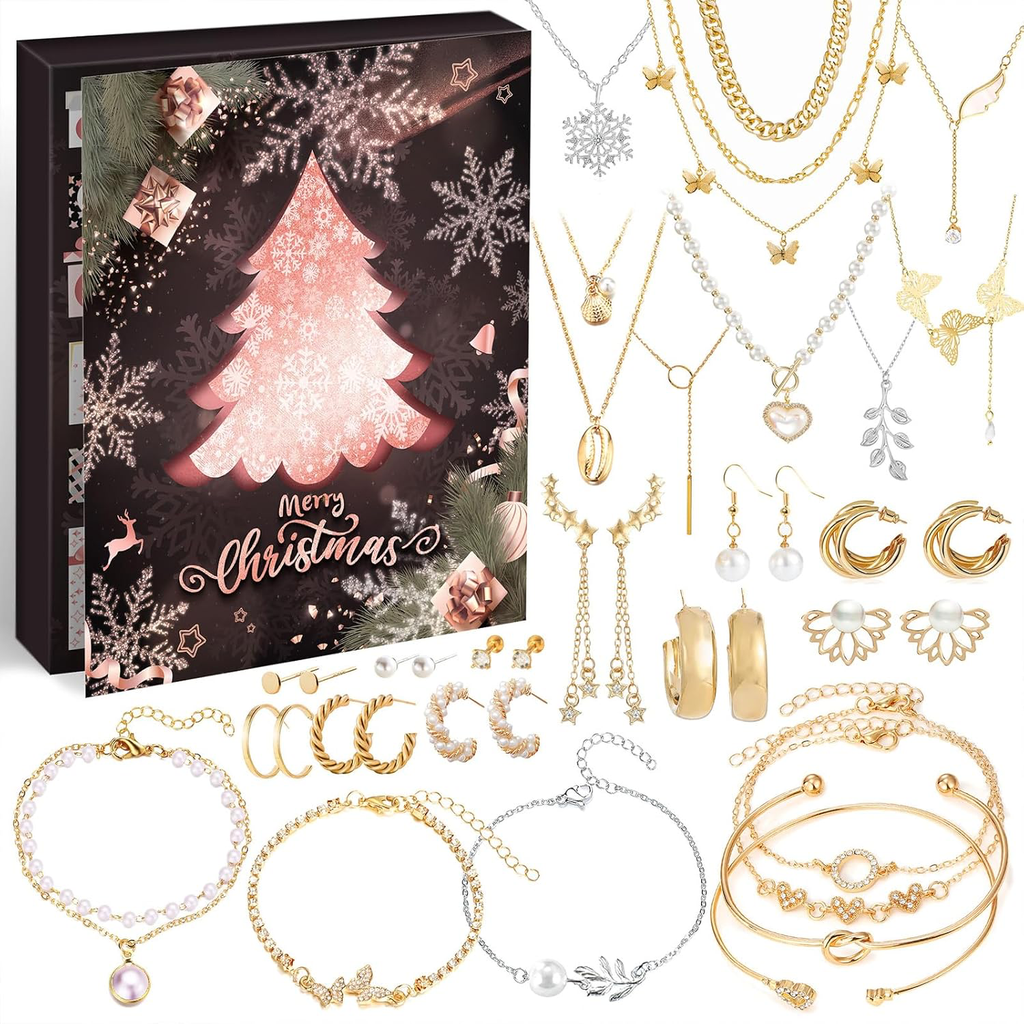 Jewelry Advent Calendar 2025, Holiday Surprises Gifts, Fashion Bracelet Necklace Earrings Jewelry Set
