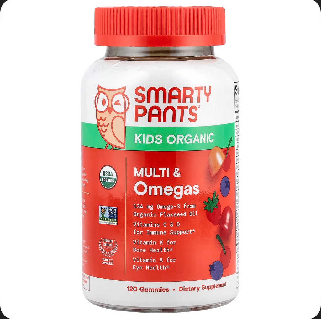 SmartyPants Kids Organic, Multi & Omegas Gummies, Mixed Berry and Cherry, 120 Gummies