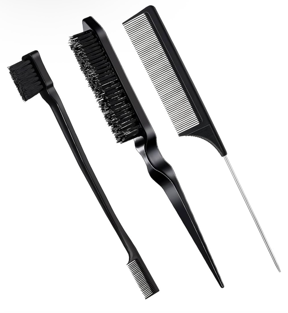 Geiserailie 3 Pcs Slick Back Hair Brush Set Bristle Brush Edge Control Teasing Comb for Women Black Hair