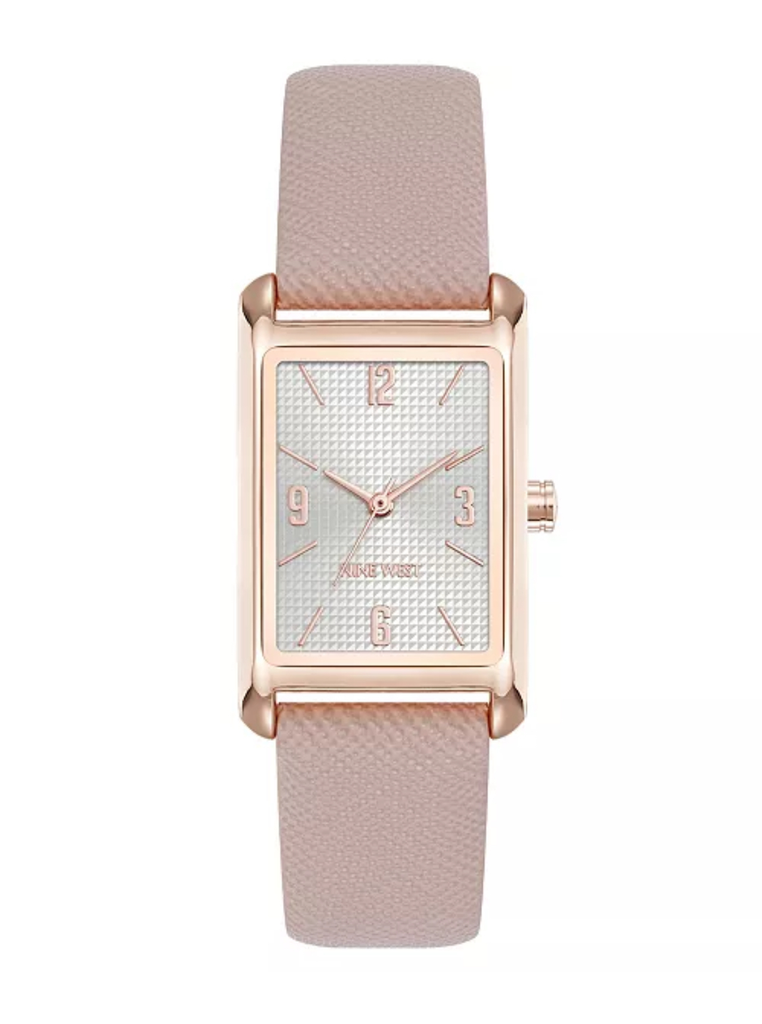 Nine West Women's Quartz Rectangular Rose Gold-Tone and Pink Polyurethane Leather Band Watch, 22mm