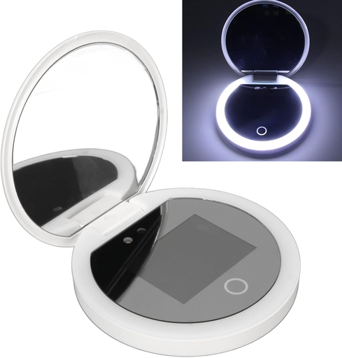 Travel Compact Mirror with Camera, 2X Magnification Portable Mirror with Lights 