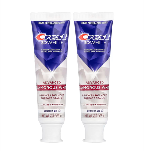 Crest 3D White, Fluoride Anticavity Toothpaste, Advanced, Glamorous White, 2 Tubes, 3.3 oz (93 g) Each