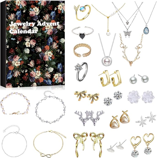Advent Calendar 2025 with Bracelets Necklace, Ear Rings & Rings- Black